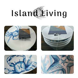 Island Living 4 PC SET Blue White Plates Bowls Crab Starfish Nautical Melamine